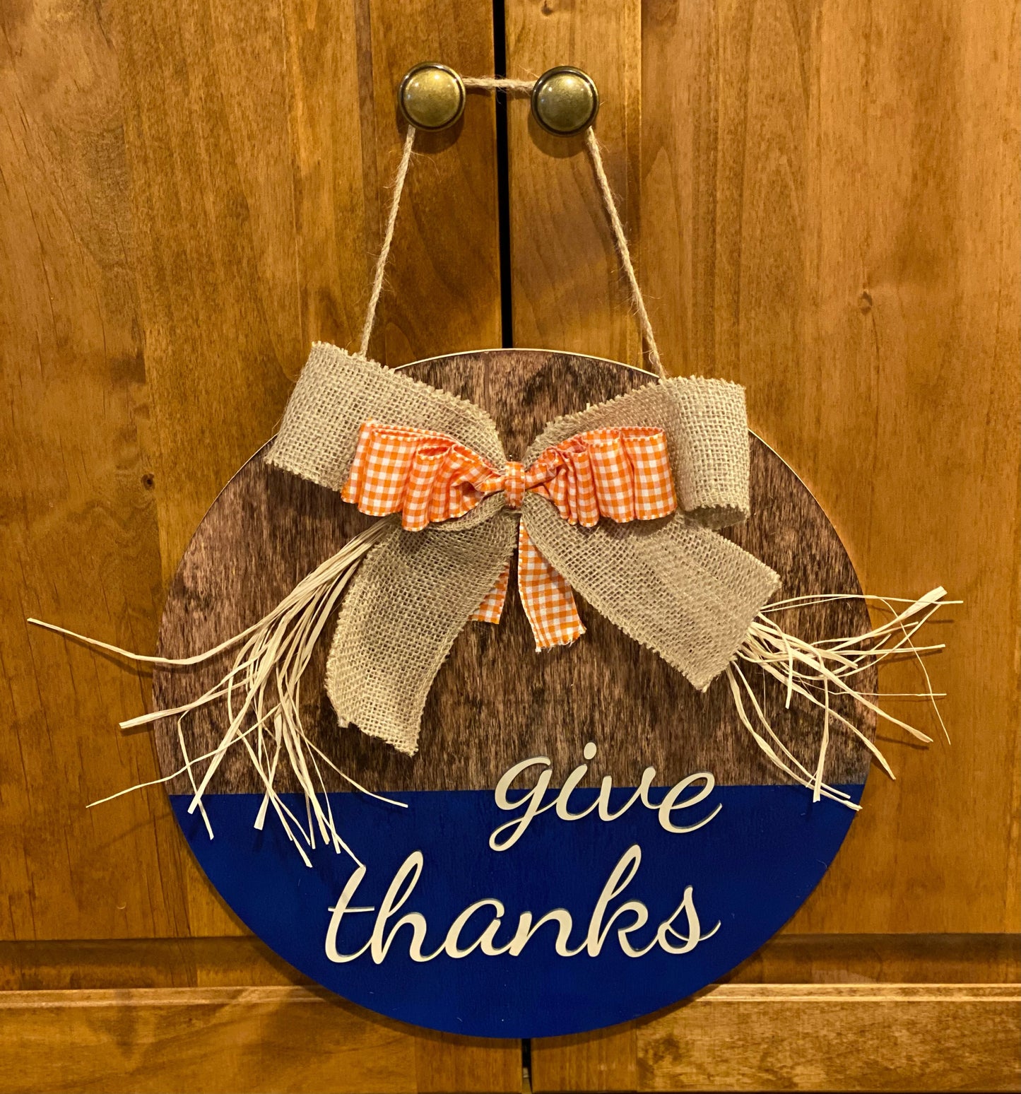 Engraved wooden Thanksgiving “give thanks” decoration