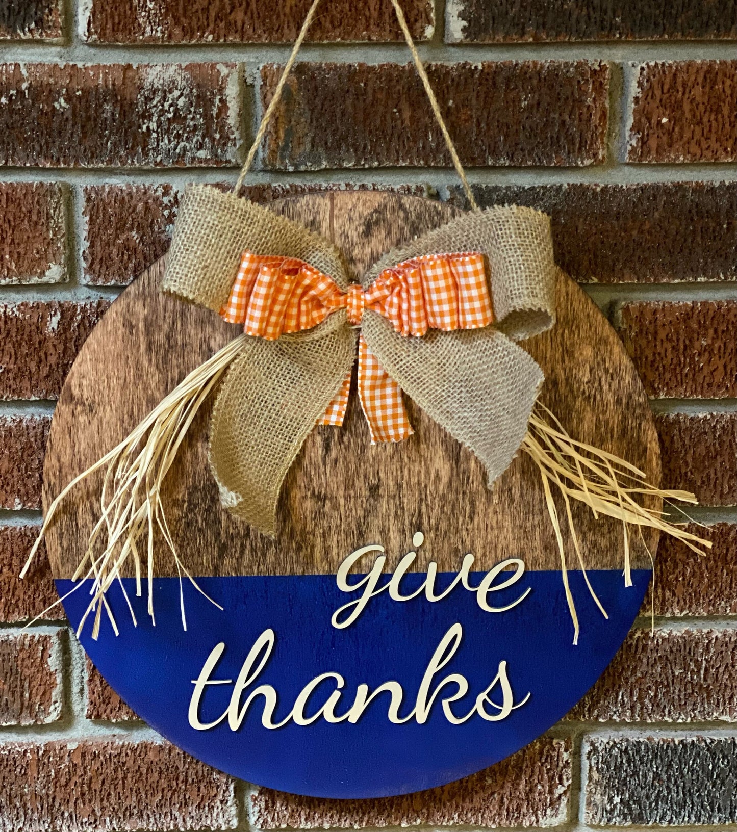 Engraved wooden Thanksgiving “give thanks” decoration