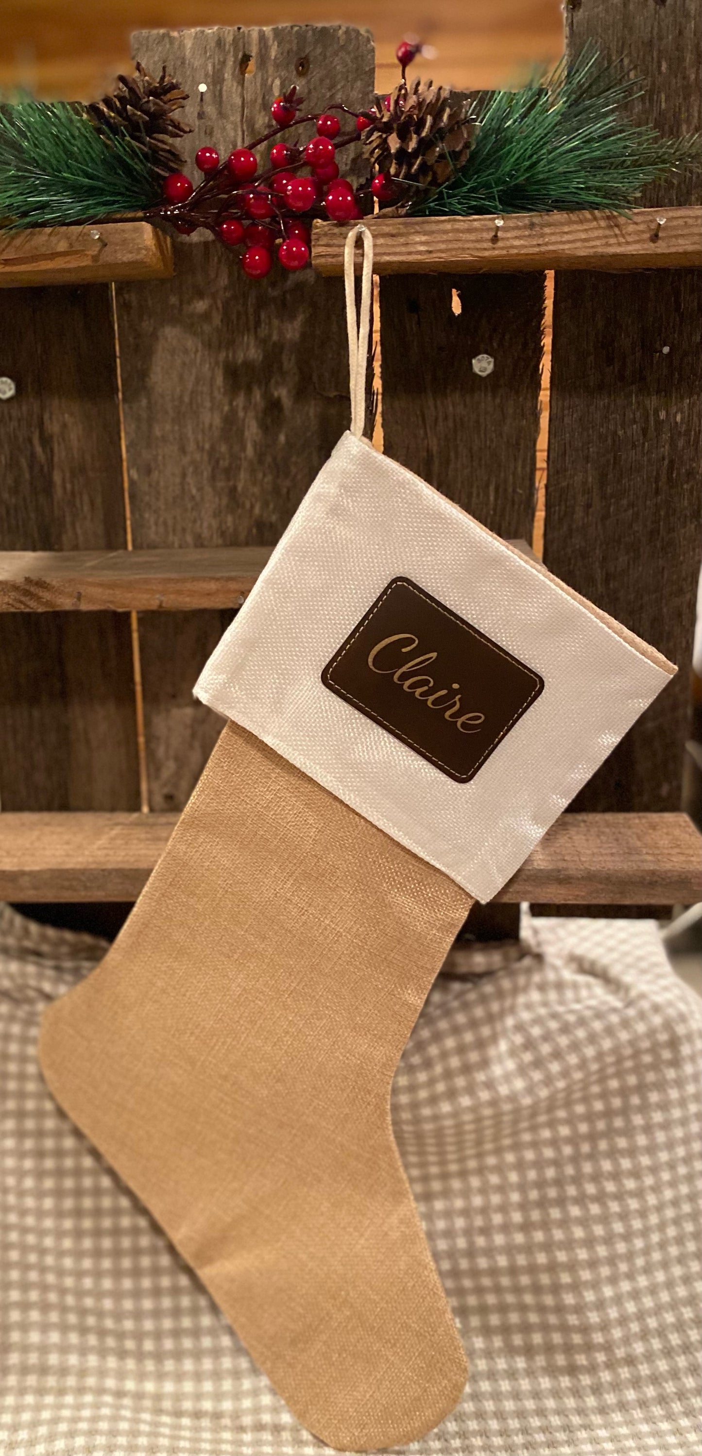 Personalized Burlap Stocking with Leather Patch