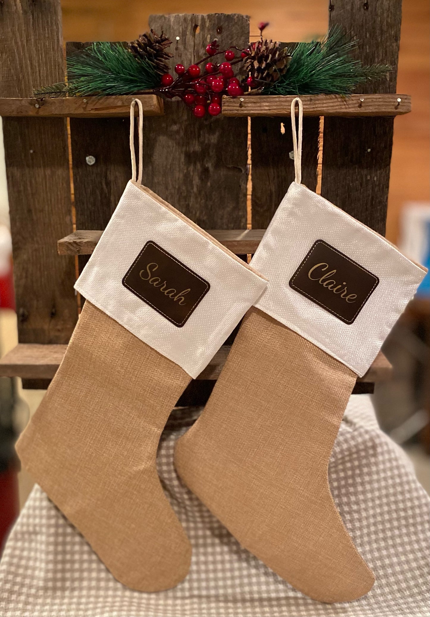 Personalized Burlap Stocking with Leather Patch