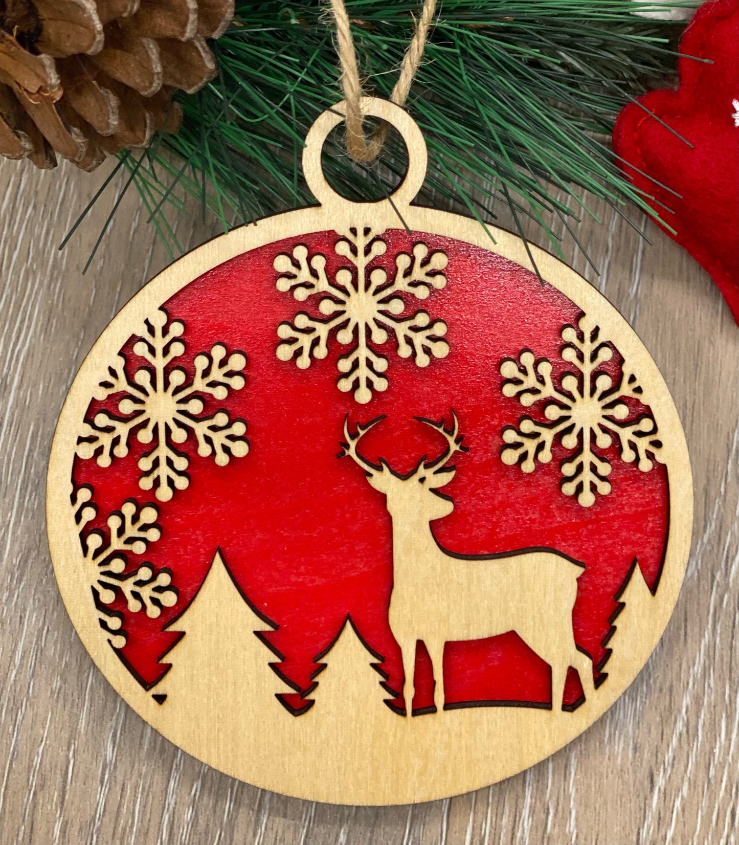 Christmas ornaments with your choice of 2023, Santa in his sleigh, deer and snowflakes, Santa with shades and an elf