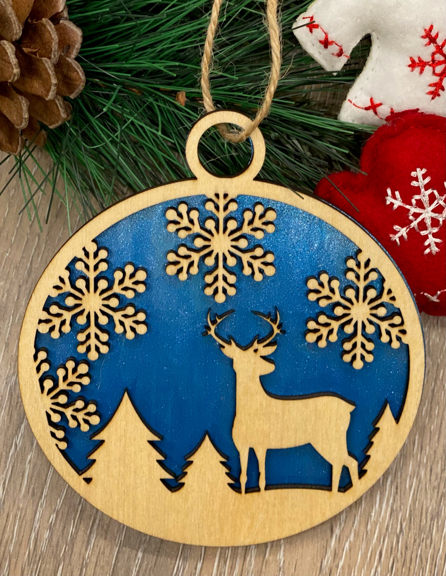 Christmas ornaments with your choice of 2023, Santa in his sleigh, deer and snowflakes, Santa with shades and an elf