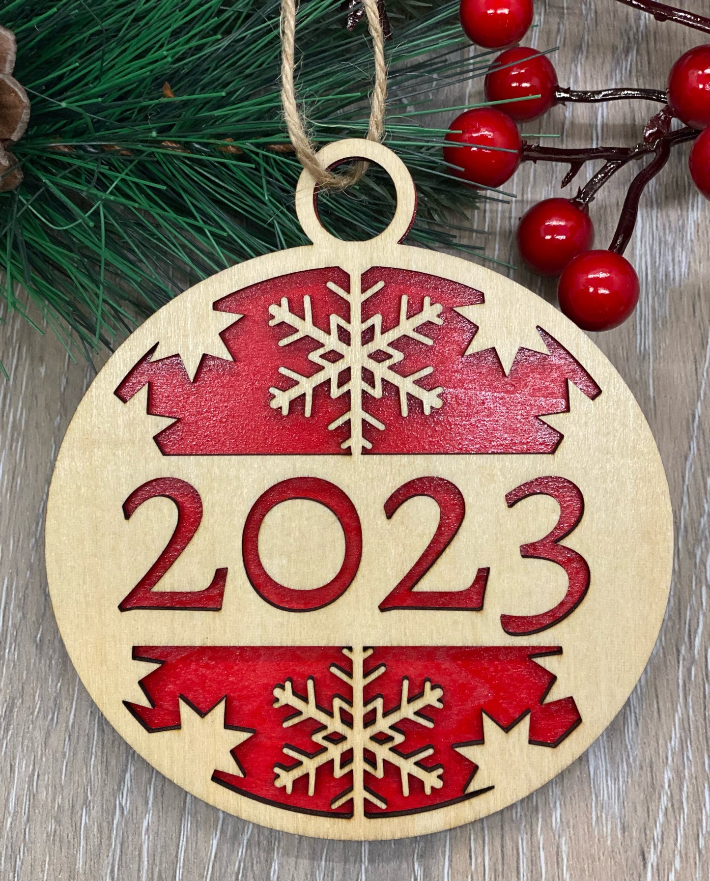 Christmas ornaments with your choice of 2023, Santa in his sleigh, deer and snowflakes, Santa with shades and an elf