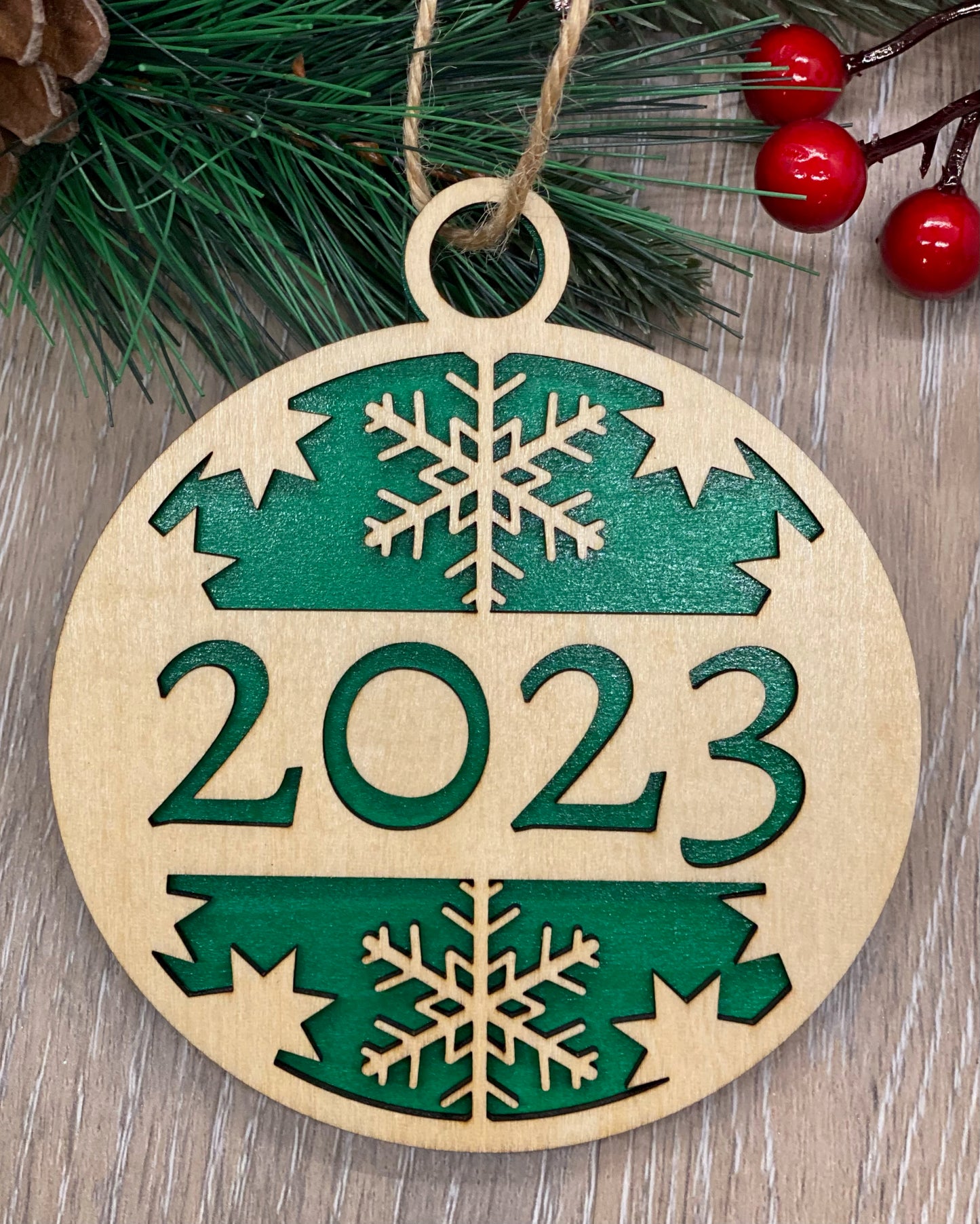 Christmas ornaments with your choice of 2023, Santa in his sleigh, deer and snowflakes, Santa with shades and an elf