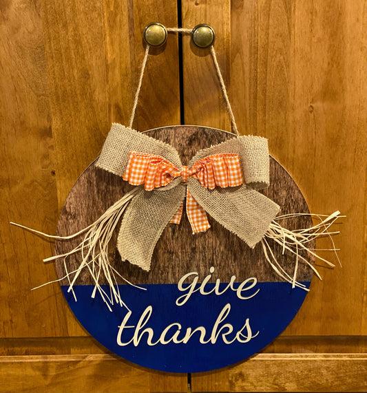 Engraved wooden Thanksgiving “give thanks” decoration