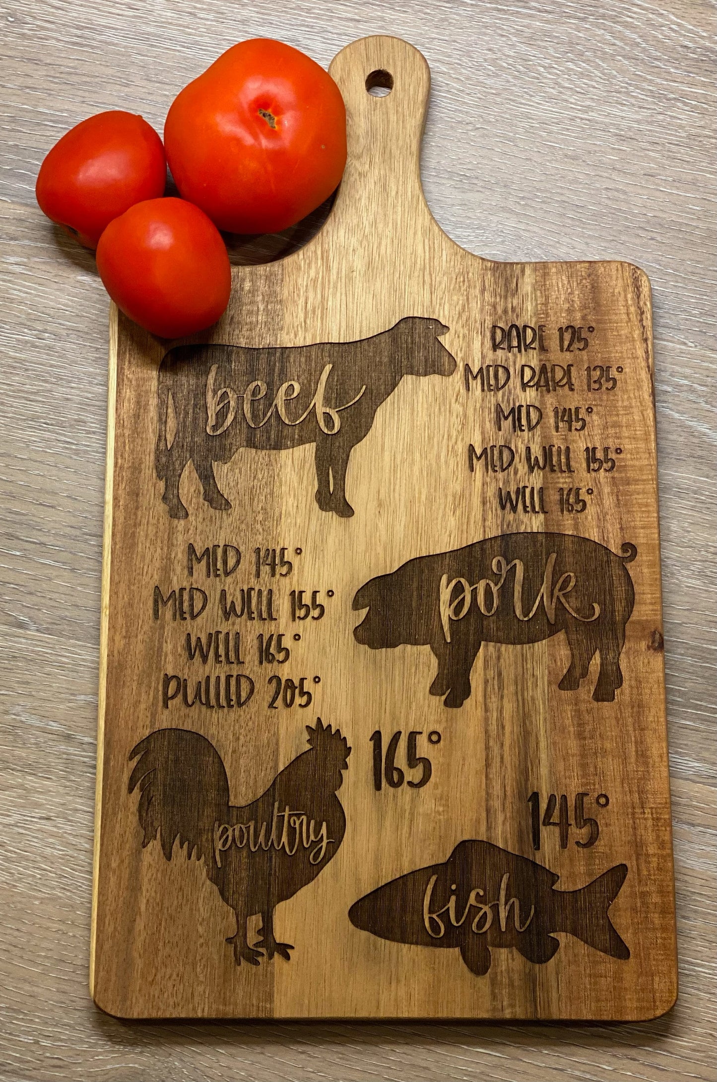 16X9 Engraved wooden cutting board with meat cooking/grilling temperatures