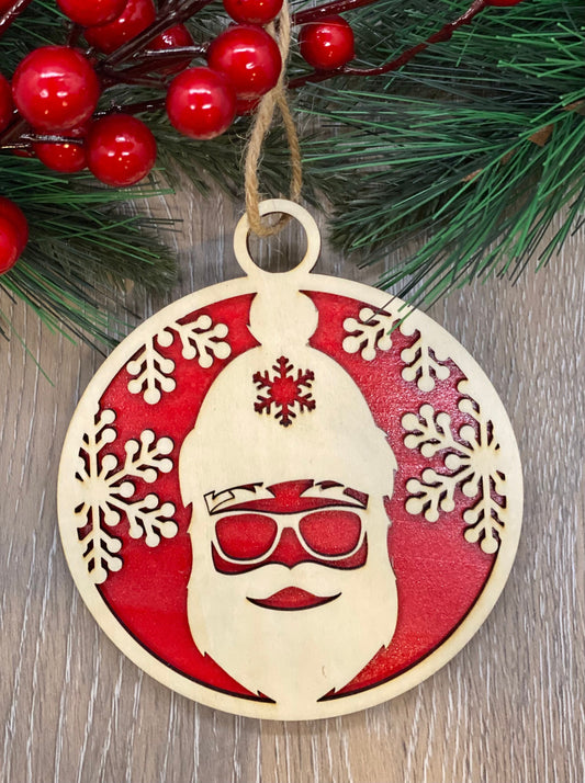 Christmas ornaments with your choice of 2023, Santa in his sleigh, deer and snowflakes, Santa with shades and an elf